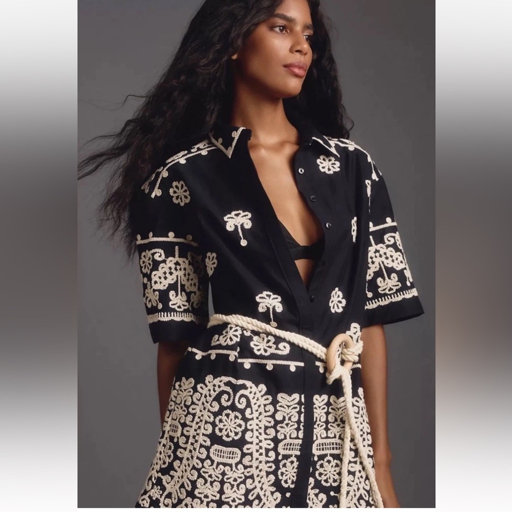 Anthropologie Maeve Short Sleeve Collared Mini Shirt Dress Embroidered Pockets